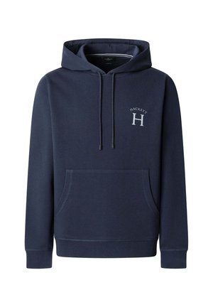 Marineblauwe hoodie van gestructureerde stof, met een voorzak, een capuchon met trekkoord en een geborduurd logo "H" en "HACKETT" op de borst.