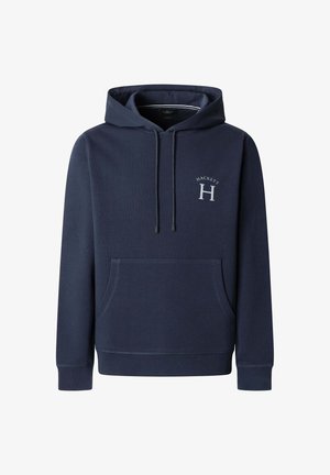 Felpa blu navy realizzata in tessuto testurizzato, con tasca frontale, cappuccio con coulisse e logo ricamato "H" e "HACKETT" sul petto.
