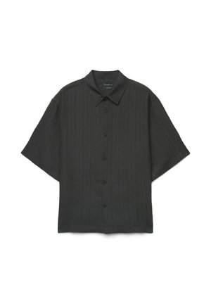 Black short-sleeve button-up shirt with a pointed collar and subtle vertical stripe pattern, laid flat on a white background.