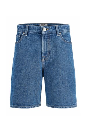 Blaue, knielange Denim-Shorts mit Fronttaschen, Gürtelschlaufen und einem vorderen Knopfverschluss.