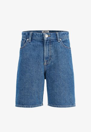 Short en denim bleu longueur genoux avec poches avant, passants pour ceinture et fermeture à bouton devant.