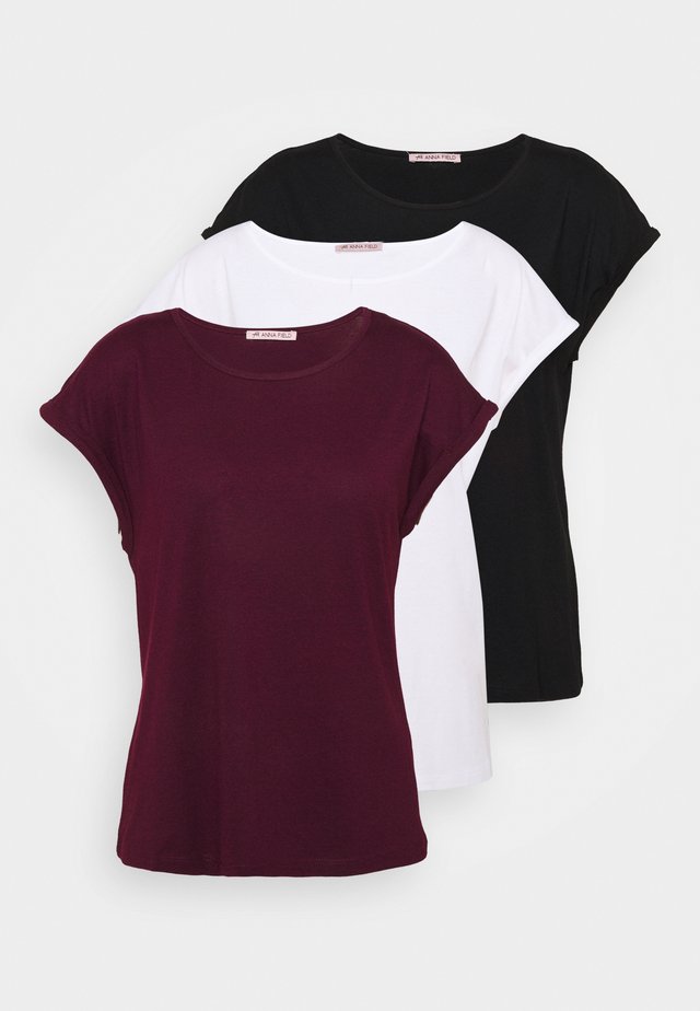 3 PACK - T-Shirt basic - black/white/dark red