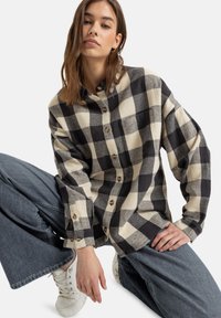 Black and white checkered flannel shirt with buttons, paired with loose denim jeans and white sneakers; model seated casually.