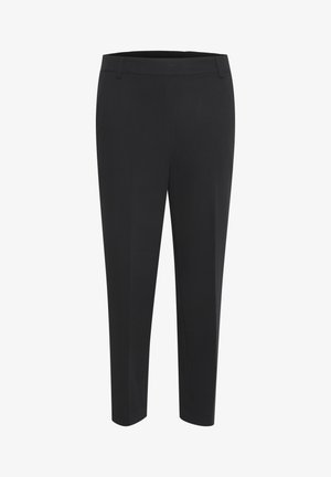Zwarte, op maat gemaakte broek met rechte pijpen, riemlussen en een glad front, afgebeeld op een witte achtergrond.