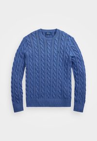 Kaapelineuleinen sininen neulepaita, jossa pyöreä pääntie sekä resorit hihoissa ja helmassa. Valmistettu pehmeästä kankaasta, jossa on kohokuvioidut, kiertävät kaapelikuviot.