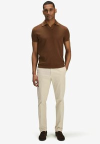 Brun kortärmad stickad polo med V-ringning, kombinerad med beige byxor och mörkbruna skor, mot en vit bakgrund.
