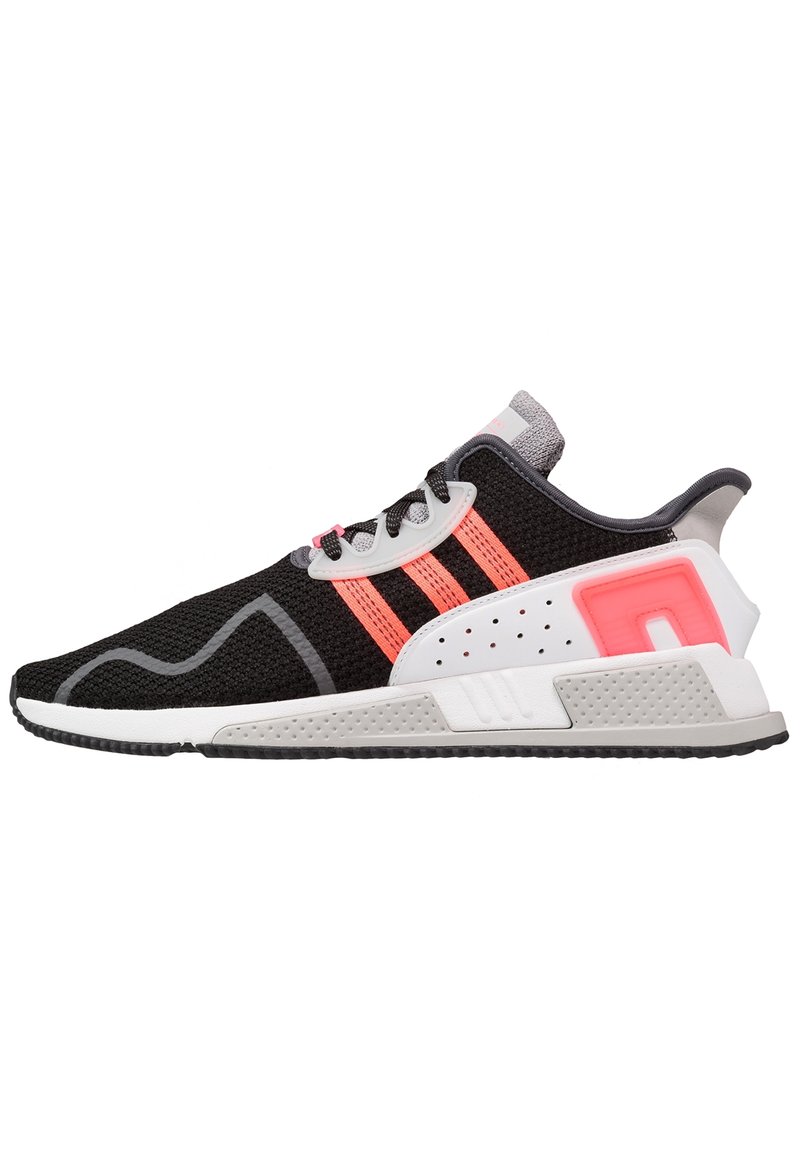 Black mesh sneaker with pink and grey accents, three white stripes, grey heel counter, white midsole, and textured rubber outsole.