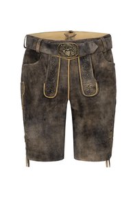 Bruine leren shorts met decoratieve stiksels, een metalen gesp met een hertontwerp en zijzakken voor functionaliteit.
