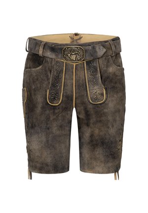 Bruine leren shorts met decoratieve stiksels, een metalen gesp met een hertontwerp en zijzakken voor functionaliteit.