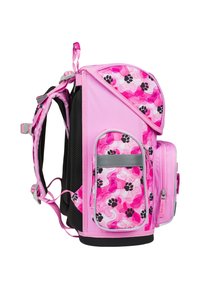 Zaino rosa con motivo di impronte di zampe nere e rosa, imbottitura in rete, più scomparti, spallacci regolabili e dettagli in hardware argentato.