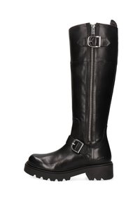 Botte noire en cuir montant avec fermeture éclair sur le côté, accent de boucle et semelle épaisse. Dotée d'une finition lisse et d'une construction robuste.