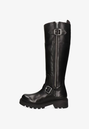 Zwarte leren kniehoge laars met een zijrits, een gespaccent en een chunky zool. Kenmerkt zich door een glanzende afwerking en stevige constructie.