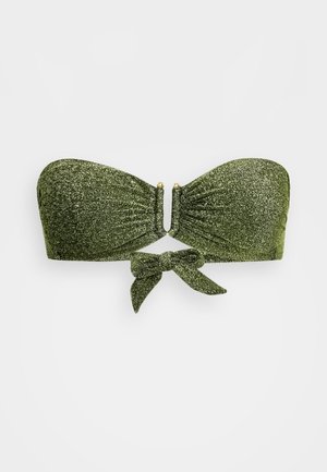 Grön glittrig bandeau-bikinitopp med rynkad tyg, framknäppning med knyt och guldiga detaljer i mitten. Slät textur.