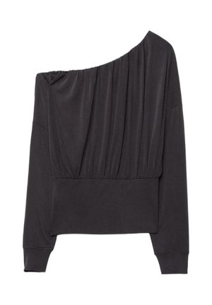 Schwarzes Ein-Schulter-Oberteil mit langen Ärmeln, gerafften Details über der Brust und breitem, eng anliegendem Taillenbund.