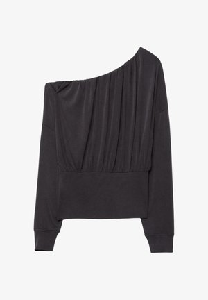 Czarna top z jednej strony na ramię z długim rękawem, z marszczeniami na wysokości biustu i szerokim dopasowanym pasem w talii.