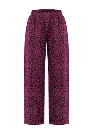 Pantaloni a gamba larga con vita elastica, con motivo leopardato viola e nero, mostrati su sfondo bianco.