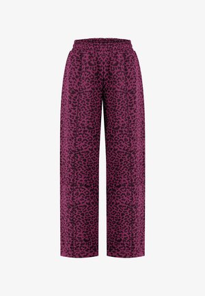 Pantaloni a gamba larga con vita elastica, con motivo leopardato viola e nero, mostrati su sfondo bianco.