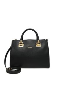 Borsa a mano in pelle nera con una forma strutturata, manici intrecciati, hardware in tonalità dorata e una tracolla rimovibile. Presenta un logo impresso.