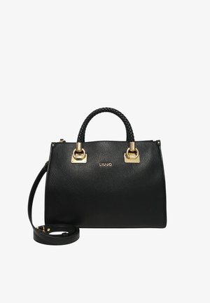 Black leather handbag with a structured shape, braided handles, gold-tone hardware, and a detachable shoulder strap. Features embossed logo.