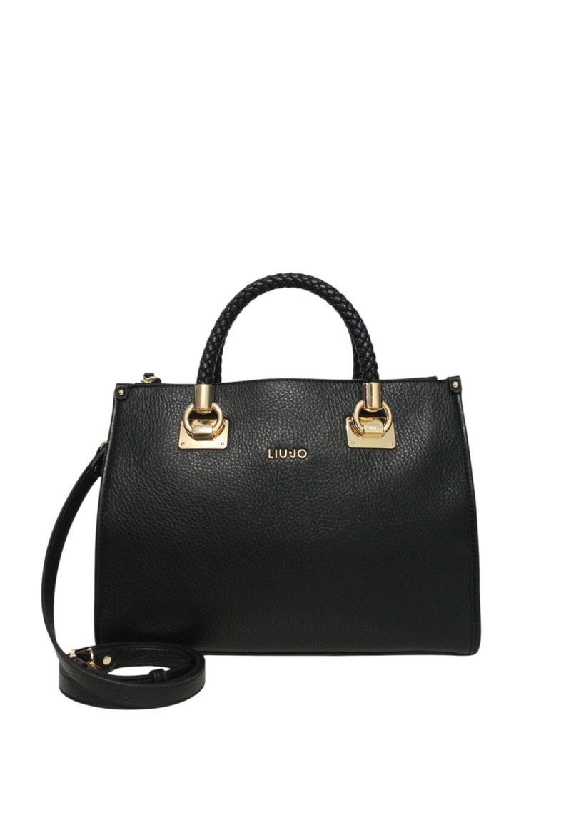 Borsa a mano in pelle nera con una forma strutturata, manici intrecciati, hardware in tonalità dorata e una tracolla rimovibile. Presenta un logo impresso.