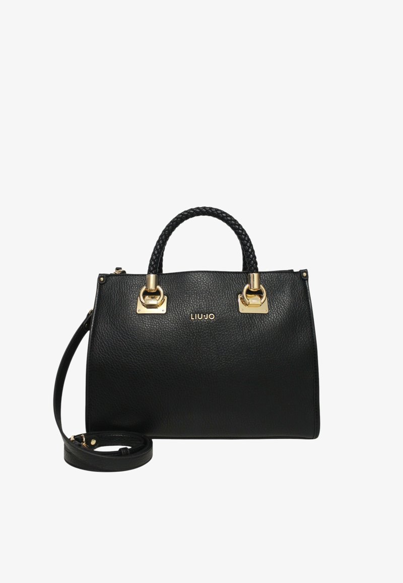 Sort læderhåndtaske med en struktureret form, flettede håndtag, hardware i messingfarve og en aftagelig skulderrem. Har prægede logo.