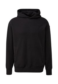 Felpa nera con cappuccio, dotata di tasche frontali, polsini e orlo a coste, e un piccolo logo discreto sul petto.