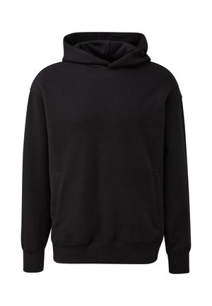 Juodas megztinis su kapišonu, priekinėmis kišenėmis, raukšlėtomis rankovėmis ir apatine dalimi, bei maža subtili logotipas krūtinėje.
