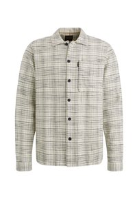 Koszula na długi rękaw z beżowo-czarnym wzorem w kratę, kieszenią na piersi i kołnierzykiem, na białym tle.