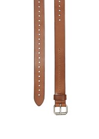 Ceinture en cuir marron avec plusieurs trous d'ajustement, texture lisse et une boucle en métal argenté à une extrémité pour un maintien sûr.