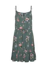 Zelené květinové šaty s nastavitelnými ramínky, přiléhavým pasem a volánkovým lemem. Vyznačují se růžovými a modrými květinovými vzory na měkké látce.