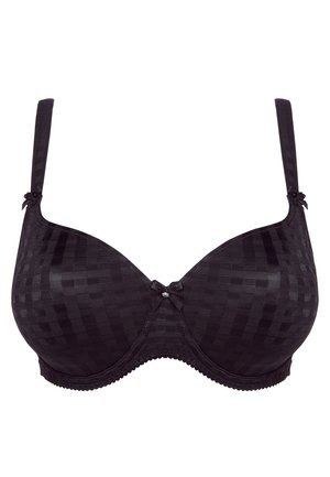 Zwarte bh met beugel, een geruit patroon, gladde cups, decoratieve strikken op de bandjes en een geschulpte rand langs de onderzijde.