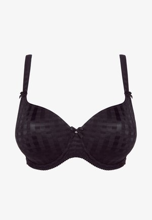 Zwarte bh met beugel, een geruit patroon, gladde cups, decoratieve strikken op de bandjes en een geschulpte rand langs de onderzijde.