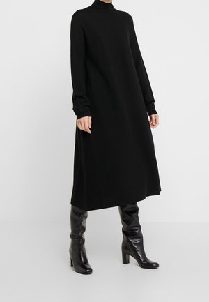 Woman wearing a black long-sleeve turtleneck midi dress paired with black knee-high heeled leather boots on a white background.
