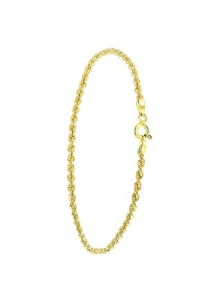 Gouden armband met gedraaide schakelontwerp en musketonhaak. Glad oppervlak, ronde vorm en glanzende afwerking. Gedetailleerd vakmanschap is duidelijk zichtbaar.