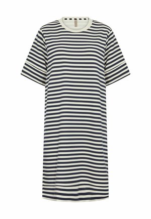 Pruhované šaty s krátkymi rukávmi, s námořníckymi a krémovými horizontálnymi pruhmi, okrúhlym výstrihom a voľným strihom. Mäkká bavlnená tkanina.