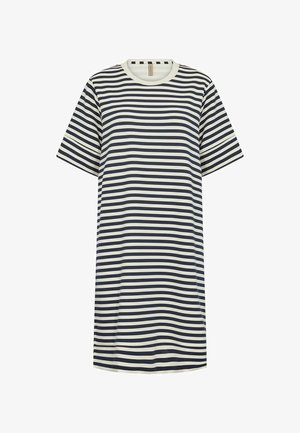 Svītraina T-kreklu kleita ar īsām piedurknēm, kurai ir tumši zila un krēmkrāsas horizontāla svītra, apaļa izgriezuma kakla un brīvs piegriezums. Mīksts kokvilnas audums.