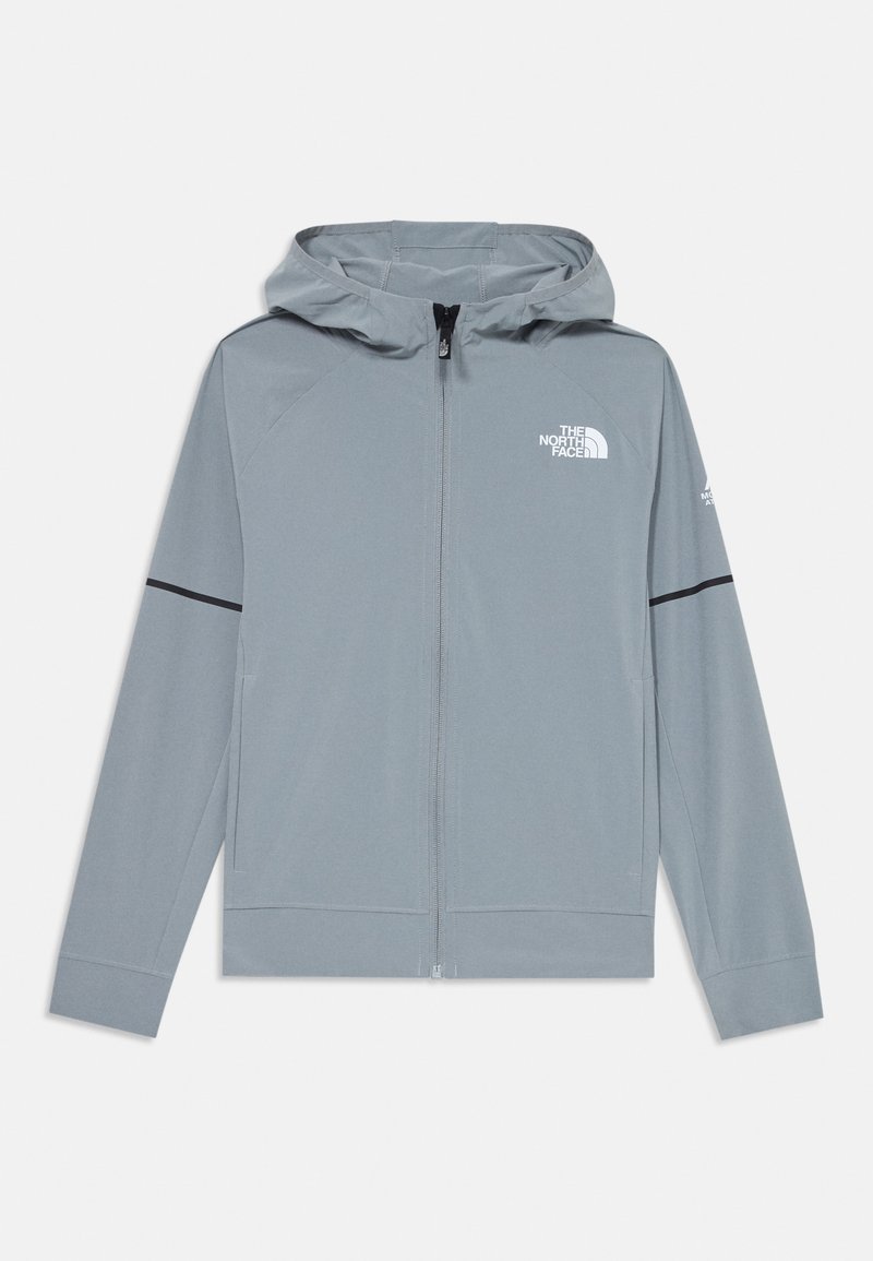 Siva lahka zip-up kapuca z naramnicami, ki ima logotip na prsih, elastične manšete in črno poudarjeno črto na rokavih.