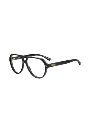Sorte briller med fuld kant, rektangulære glas og tynde stænger med guld DSQUARED2-mærke på siden.