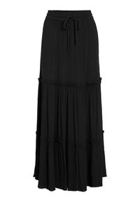 Jupe maxi noire en tissu léger avec un design à volants, ornée d'accents froncés et d'une taille élastique avec cordon de serrage.