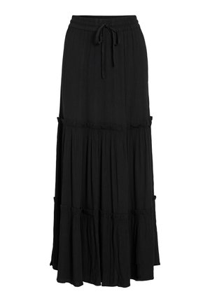 Μαύρη maxi φούστα από ελαφρύ ύφασμα με επιμερισμένο σχέδιο, που διαθέτει φρεντοειδή στοιχεία και ελαστική μέση με κορδόνι.