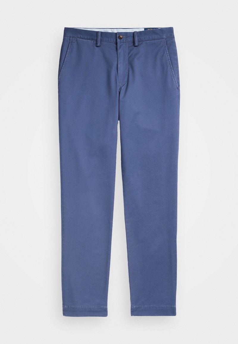 Blauwe katoenen chinos met een rechte pasvorm. Voorzien van riemlussen, voorzakken en een enkele achterzak. Gladde textuur, eenvoudig ontwerp.