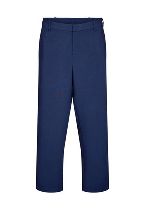 Marineblaue, gerade geschnittene Hose mit flacher Vorderseite, elastischem Bund auf der Rückseite und Gürtelschlaufen, vor weißem Hintergrund gezeigt.