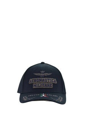 Cappellino da baseball blu scuro con "Aeronautica Militare" e emblema alato ricamati sulla parte anteriore, "Frecce Tricolori" e bandiera italiana sulla visiera.