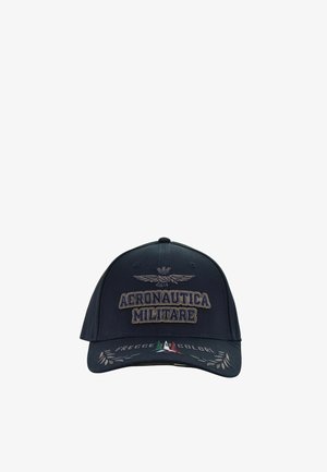 Cappellino da baseball blu scuro con "Aeronautica Militare" e emblema alato ricamati sulla parte anteriore, "Frecce Tricolori" e bandiera italiana sulla visiera.