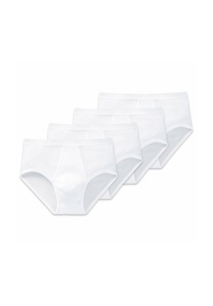 Slip in cotone bianco, quattro paia mostrati, caratterizzati da una superficie liscia e un taglio classico con una vita a coste e senza motivi visibili.