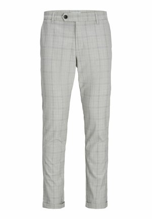 Light gray plaid trousers with a flat front, single button closure, tapered legs, and rolled cuffs. Smooth fabric with subtle texture.