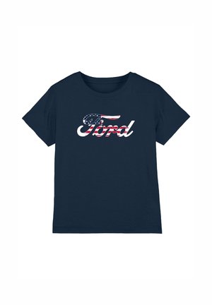 Navy blue T-shirt with "Ford" logo in cursive, filled with American flag pattern including stars and red and white stripes.