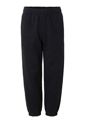 Sorte fleece joggingbukser med elastisk talje og ankelsmalle, lige pasform, designet til afslappet brug.