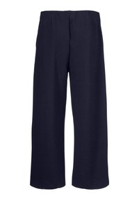 Marineblauwe wijde broek van zacht materiaal, met een vlakke tailleband met plooien, een losse pasvorm en een afgewerkte zoom zonder verdere versieringen.