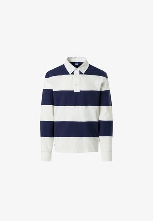 Langarm-Rugbyshirt mit breiten abwechselnden horizontalen Streifen in Marineblau und Weiß, weißem Kragen und Knopfleiste.